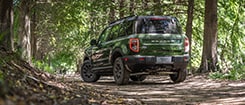 Vista posterior de la Ford Bronco Sport en terreno con vegetación